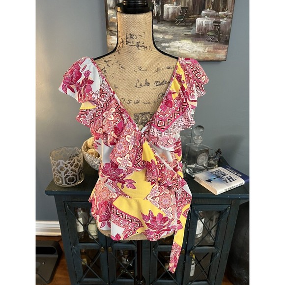 Sofia Jeans by Sofia Vergara floral wrap top blouse medium pink multi - Picture 3 of 12